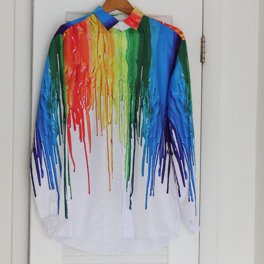Men's White Dress Shirt Paint Dripping Colorful XXXL